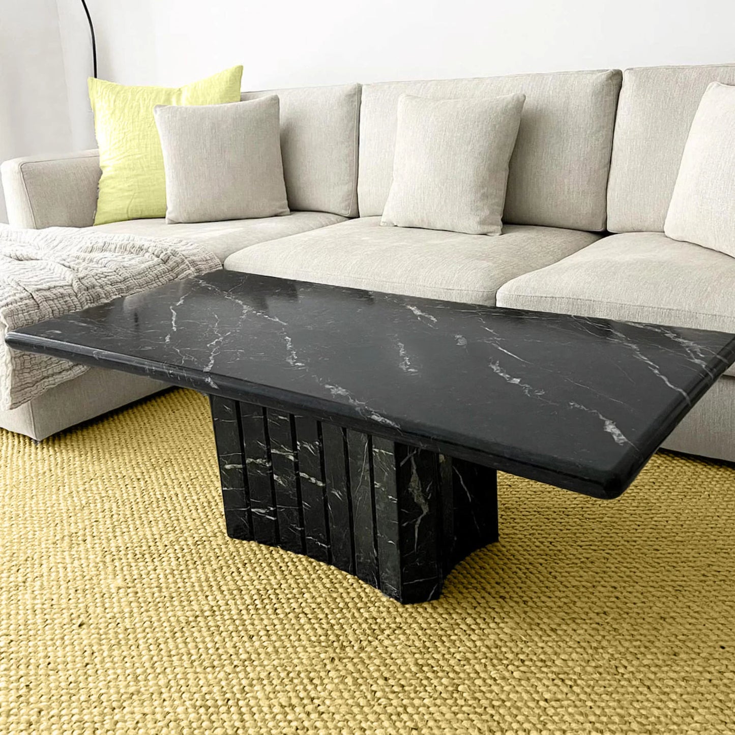 Rectangle Black Marble Coffee Table With Hourgalss Base